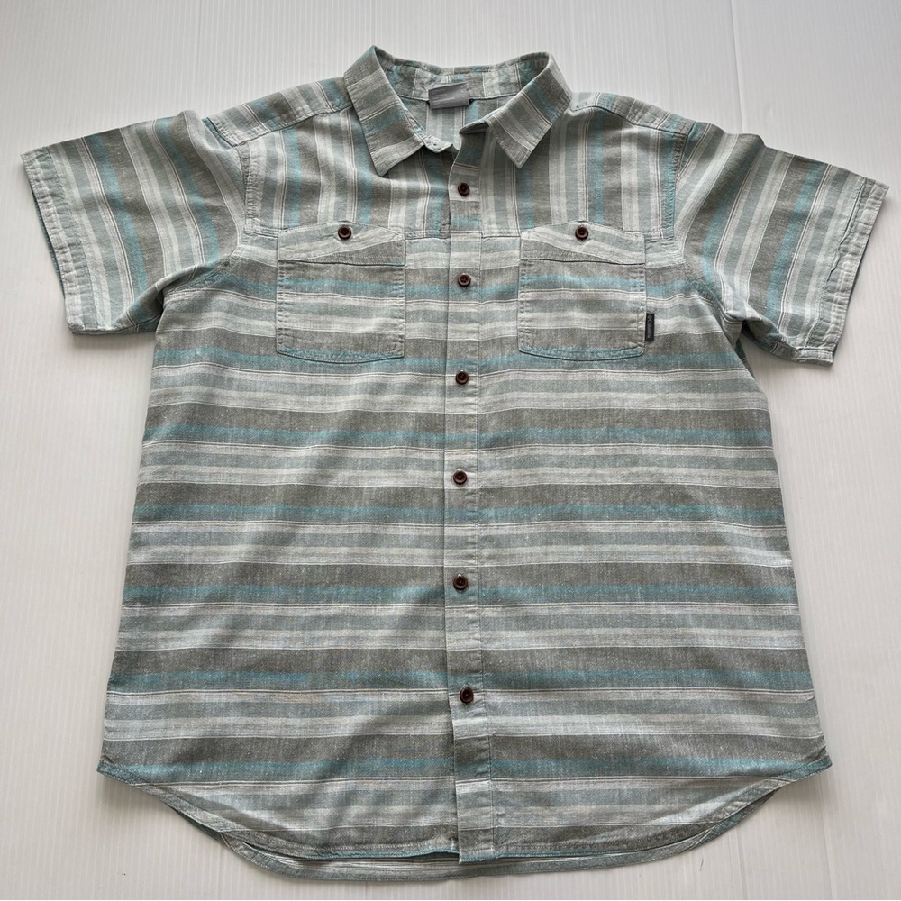 Columbia Regular Fit Short Sleeve Button Up Shirt Gray Blue Stripes Size Large